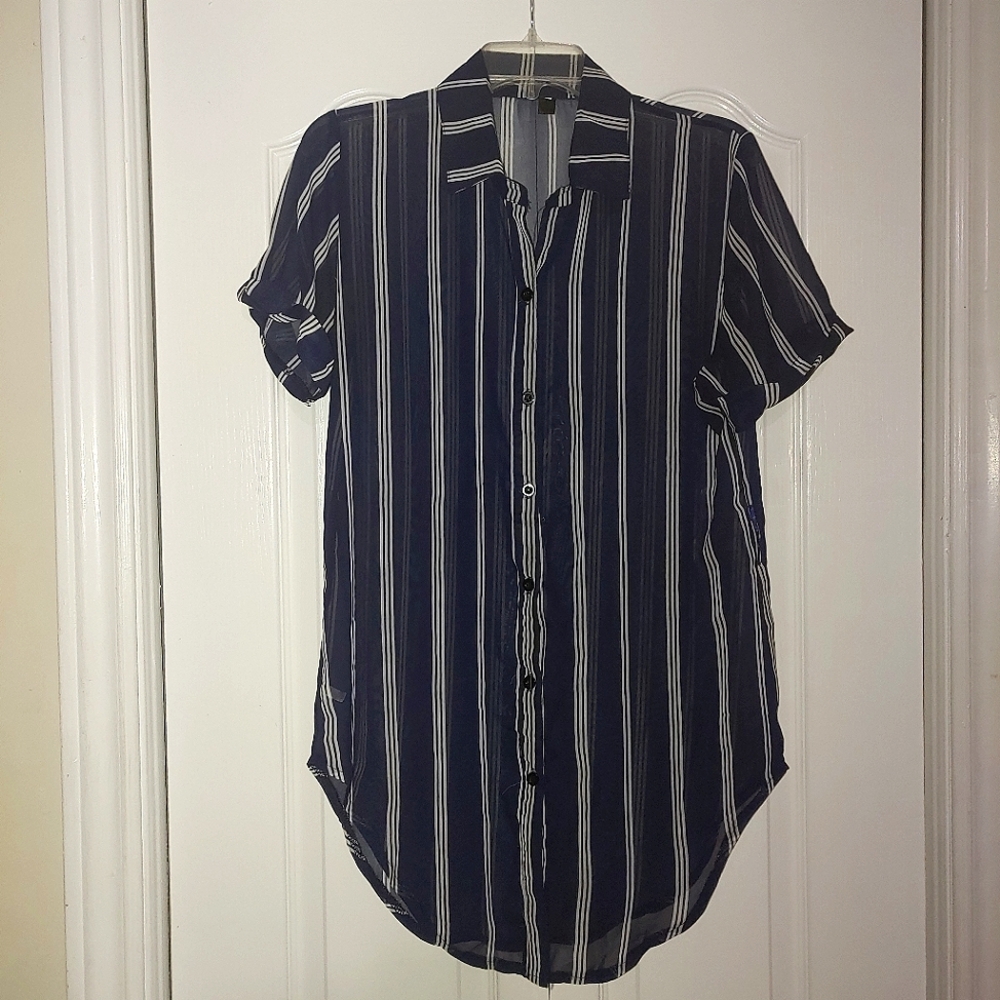 Short Sleeve Striped Blouse Shirt Navy Blue White Stripes Cuffed Rolled Up